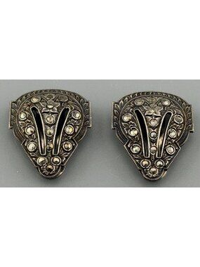Art Deco Dress Clips Sterling Silver Marcasite  Pair Vintage 1930s Fan Shield De